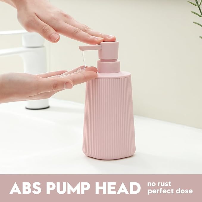 Small Soap Dispenser for Bathroom and Kitchen, Modern Farmhouse Striped Style Plastic Hand Soap Dish Soap Dispenser with Pump Matte Pink for Girls - Image 3
