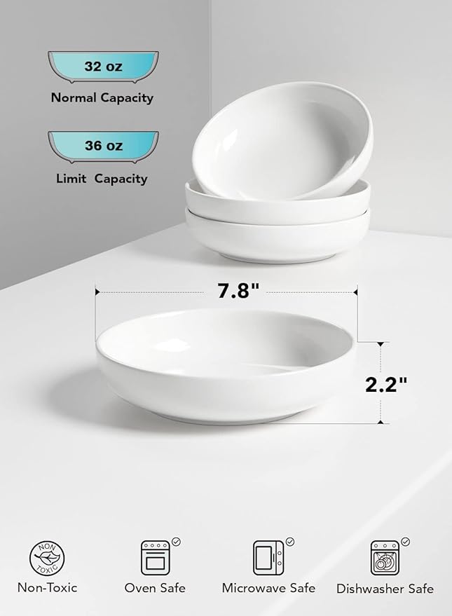 LE TAUCI Pasta Bowls 32 oz, Salad Bowls Set for Serving Soup, Pasta, Noodle, Dinner, Large Kitchen Bowl Plates, Microwave Safe - 7.8 Inch, Set of 4, White - Image 5