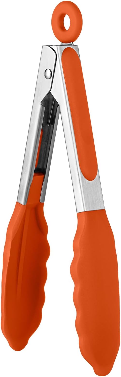600ºF Heat Resistant Kitchen Tong: U-Taste 7 inch Silicone Cooking Tong with Firm Sealed Non Stick Rubber Tips & Silicon Coated 18/8 Stainless Steel Handle & Smooth Locking for Serving Salad (Orange) by U-Taste