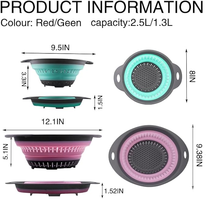 Collapsible Colander Set, Square Round Triangles Silicone Kitchen Strainer Perfect for Draining Pasta Vegetable fruit 2 PCS (Green & Red, 12"L x 9.5"W x 2.3"H) - Image 2