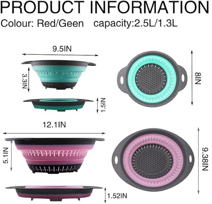 Collapsible Colander Set, Square Round Triangles Silicone Kitchen Strainer Perfect for Draining Pasta Vegetable fruit 2 PCS (Green & Red, 12"L x 9.5"W x 2.3"H) - Image 2
