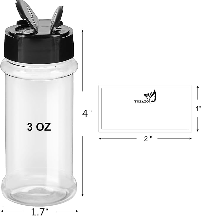 TUZAZO 14 Pcs Spice Bottles Plastic Seasoning Containers, 3 Oz Clear Plastic Spice Jars with Shaker Lids Empty for Spice & Herbs, Powders, Glitters, BPA Free | Heavy Duty | Wide Mouth | Dual Flaps - Image 2