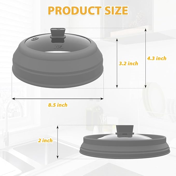 Microwave Splatter Cover Glass Splatter Guard Lid with Collapsible Silicone for Small Bowls Food Plate Cover 8.5 inch Grey - Image 4