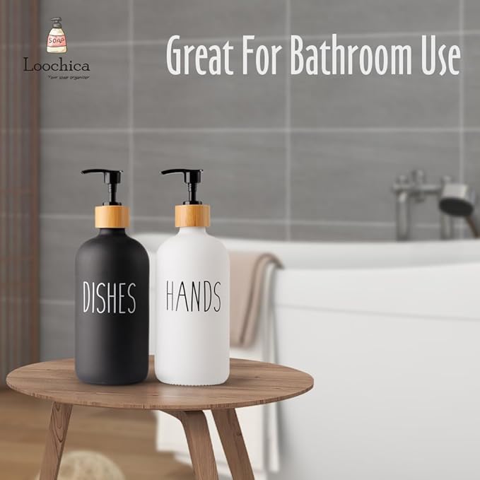 LOOCHICA 2 Pack Glass Soap Dispenser Set, Hand and Dish Glass Soap Dispensers for Kitchen Sink, Kitchen Soap Dispenser Set Suitable for Black and White Kitchen Décor - Image 8