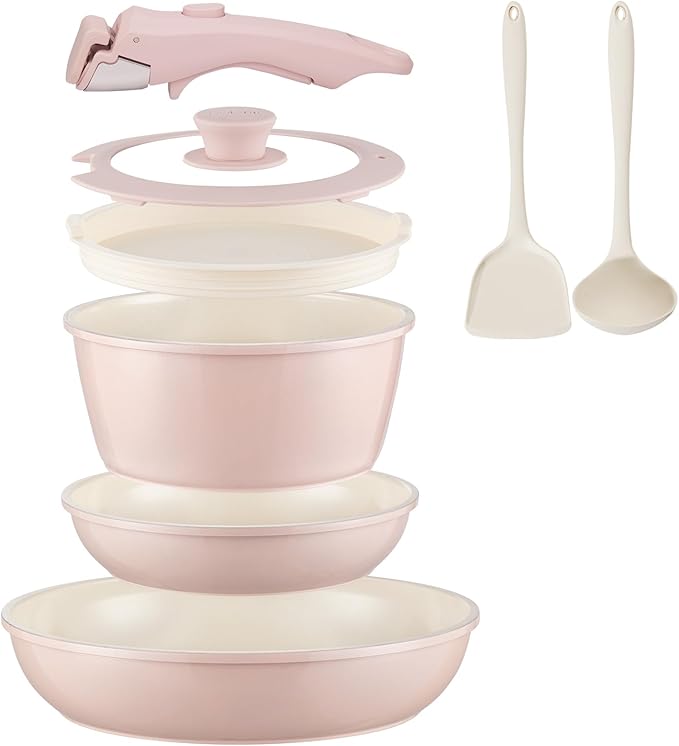 Ceramic Cookware Set Non Stick 8Pcs Pots and Pans Set Detachable Handle Induction Kitchen Cooking Set with Frying Pans Oven Dishwasher Safe, PFAS/PFOA Free, Pink by COICUR