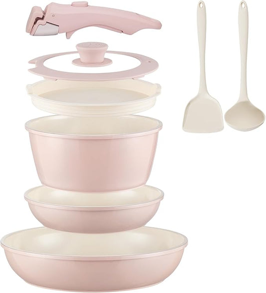 Ceramic Cookware Set Non Stick 8Pcs Pots and Pans Set Detachable Handle Induction Kitchen Cooking Set with Frying Pans Oven Dishwasher Safe, PFAS/PFOA Free, Pink by COICUR