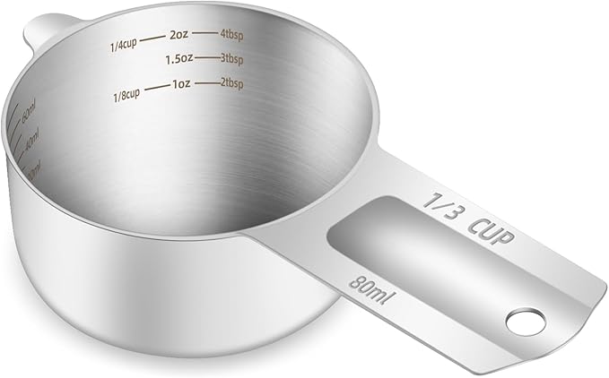 1PCS 1/3Cup (80ml, 2.6oz) Single Measuring Cup, Etched Inner Scale Stainless Steel Measure Scoop, Metric and US Measurement, Dishwasher Safe by BERYLER