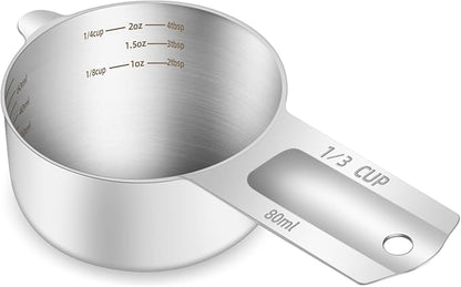 1PCS 1/3Cup (80ml, 2.6oz) Single Measuring Cup, Etched Inner Scale Stainless Steel Measure Scoop, Metric and US Measurement, Dishwasher Safe by BERYLER