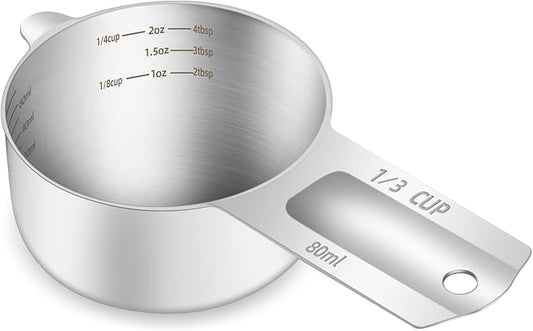 1PCS 1/3Cup (80ml, 2.6oz) Single Measuring Cup, Etched Inner Scale Stainless Steel Measure Scoop, Metric and US Measurement, Dishwasher Safe by BERYLER