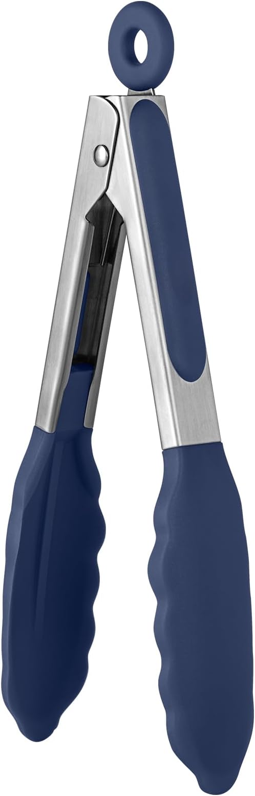600ºF Heat Proof Kitchen Tong: U-Taste 7" Silicone Cooking Tong with Firm Sealed Non Stick Rubber Tips & Silicon Coated 18/8 Stainless Steel Handle & Smooth Locking for Serving Salad (Midnight Blue) by U-Taste