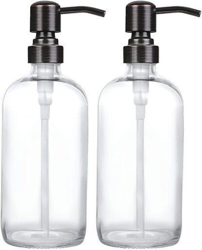 2 Pack Thick Clear Glass Boston Round Bottles /Oil Rubbed Bronze Stainless Steel Pumps, 16 Ounce Jar Soap Dispenser with Rustproof Pump for Essential Oil, Liquid Soap