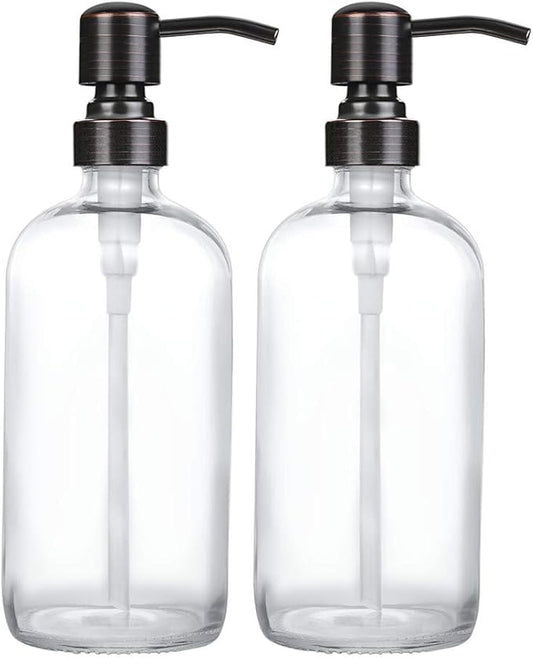 2 Pack Thick Clear Glass Boston Round Bottles /Oil Rubbed Bronze Stainless Steel Pumps, 16 Ounce Jar Soap Dispenser with Rustproof Pump for Essential Oil, Liquid Soap