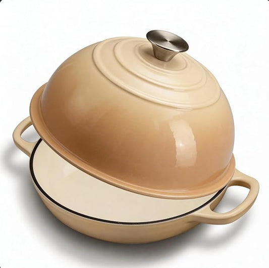 Cast Iron Bread Oven for Sourdough, 6Qt Bread Baking Pan with Lid, Enameled Sourdough Dutch Oven for Bread Baking, Oven Safe up to 482℉, Latte