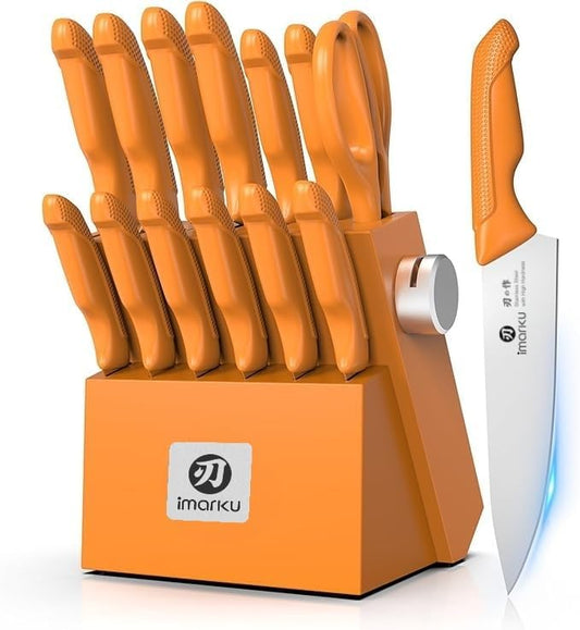 imarku® Knife Set, Sharp Block Knife Set with Built-in Sharpener, Japanese Stainless Steel with Non-Slip Ergonomic Handle, Dishwasher Safe, Kitchen Gift for Man Woman, Best For Home gift, Burnt Orange by imarku