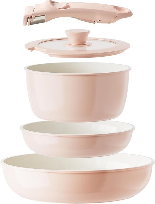 Redchef Ceramic Cookware Set, Removable Handle Pots and Pans Non-Stick, Rv Cookware Set, Non-Toxic Pots and Pans Set No PFAS, PTFE, PFOA, Detachable Pots and Pans, Dishwasher & Oven Safe (Pink) by Redchef