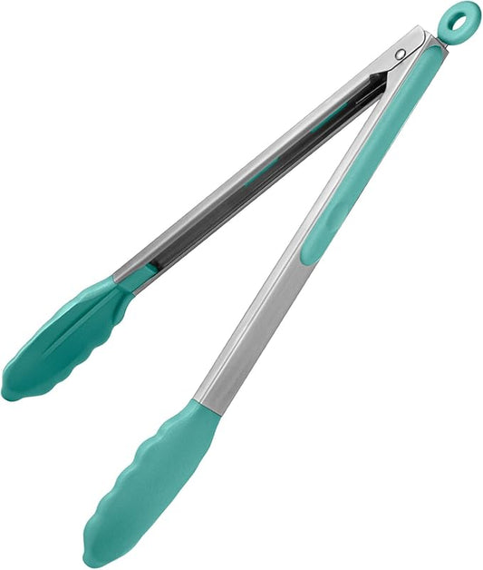 600ºF Heat Resistant Kitchen Tongs: U-Taste 12 in Large Silicone Cooking Tong with Sturdy Non Stick Rubber Tips & Silicon Coated 18/8 Stainless Steel Handle & Smooth Locking for Serving Grill-Aqua Sky by U-Taste