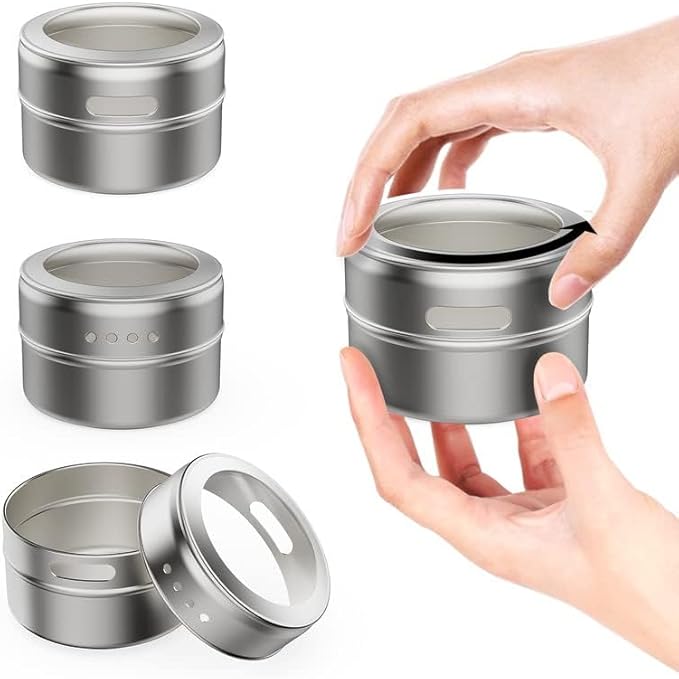 Vetacsion Set of 8 Magnetic Spice Tins with 2 Metal Wall-Plates,100 Preprinted Seasoning Label Stickers,2 Styles for 3 oz Herb Jars - Image 5