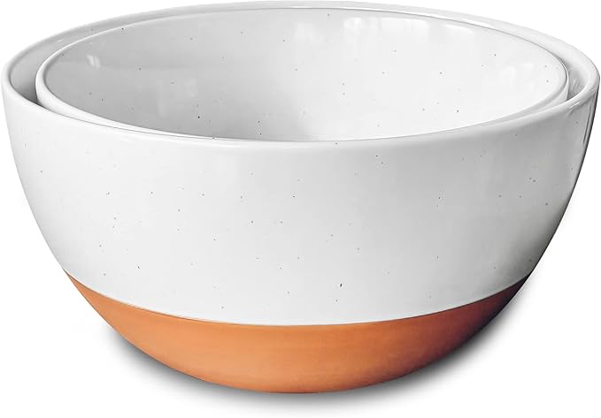 Mora Ceramic Large Mixing Bowls - Set of 2 Nesting Bowls for Cooking, Serving, Popcorn, Salad etc - Microwavable Kitchen Stoneware, Oven, Microwave and Dishwasher Safe - Extra Big 5.5 & 3.6 Qt - White by MORA