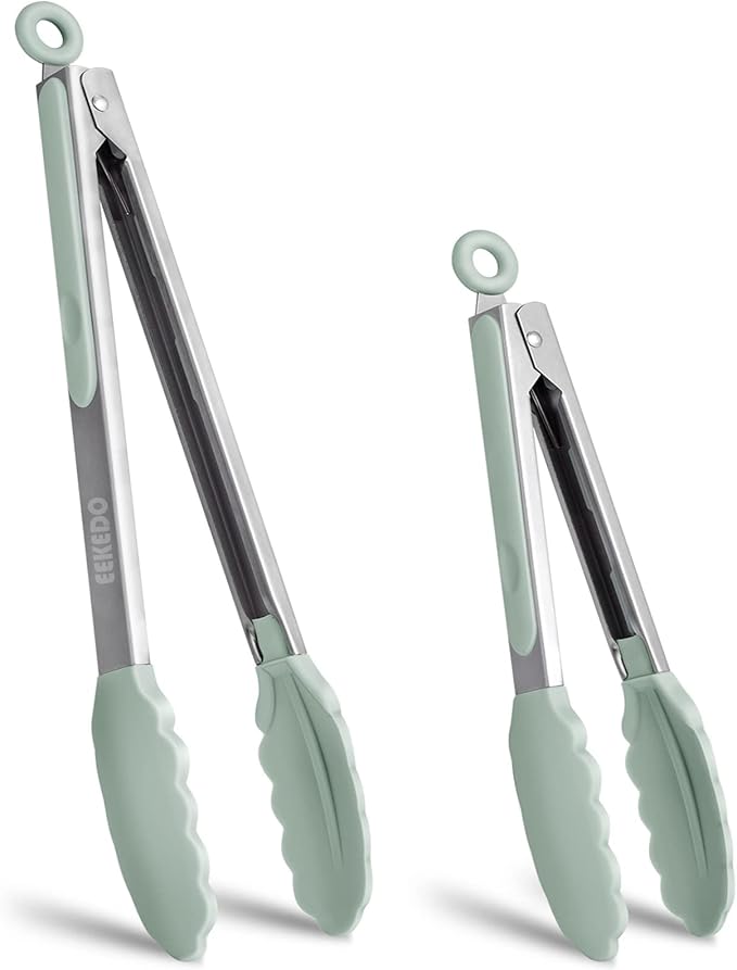 Tongs for Cooking, 600ºF High Heat-Resistant Stainless Steel Kitchen Tongs with Silicone Tips, Non Scratch, Locking Tong for BBQ Grilling Air Fryer Food Salads, Set of 2 (9" and 12") Sage Green by EEKEDO