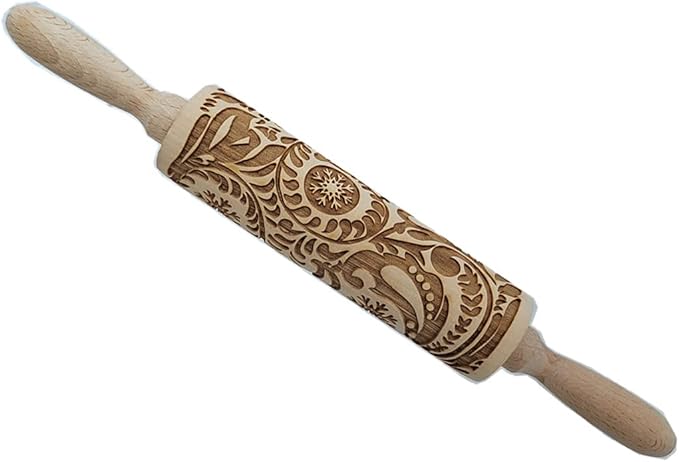 MIZORLIE 14.9"Paisley Engraved Embossed Rolling Pin, Christmas Snowflake Flower Pattern, Wooden Laser Engraved 3D Rolling Pin for Making Cookie Dough Crusts Pies Pastry by MIZORLIE