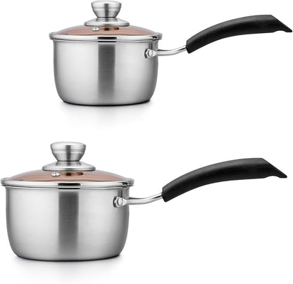 TeamFar 1qt & 2qt Saucepan with Lid, Stainless Steel Small Cooking Pot, Milk Sauce Pan with Long Handle for Home Kitchen, Non-Toxic & Heavy-Duty, Multi-use & Dishwasher Safe by TeamFar