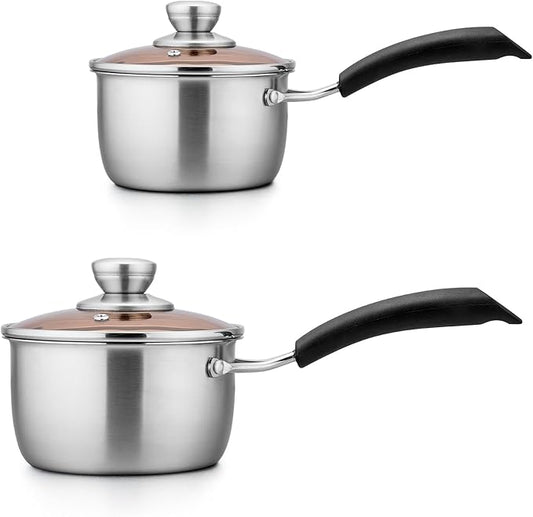 TeamFar 1qt & 2qt Saucepan with Lid, Stainless Steel Small Cooking Pot, Milk Sauce Pan with Long Handle for Home Kitchen, Non-Toxic & Heavy-Duty, Multi-use & Dishwasher Safe by TeamFar