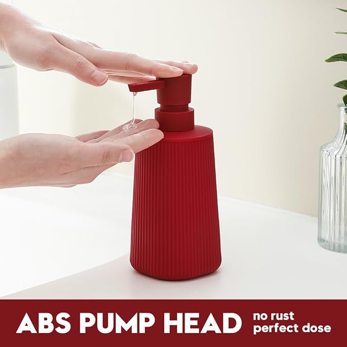 Small Soap Dispenser for Bathroom and Kitchen, Modern Farmhouse Striped Style Plastic Hand Soap Dish Soap Dispenser with Pump Matte Red - Image 3