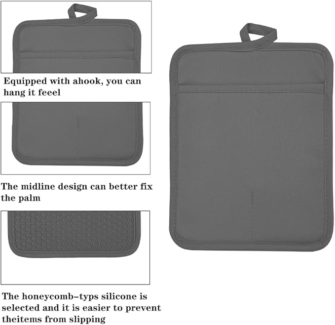Oven Pot Holder with Pocket Cotton Heat Resistant Coaster Potholder Kitchen Hot Pad Oven Mitts for Cooking and Baking Square 7"x9" (Grey, Silicone) - Image 3