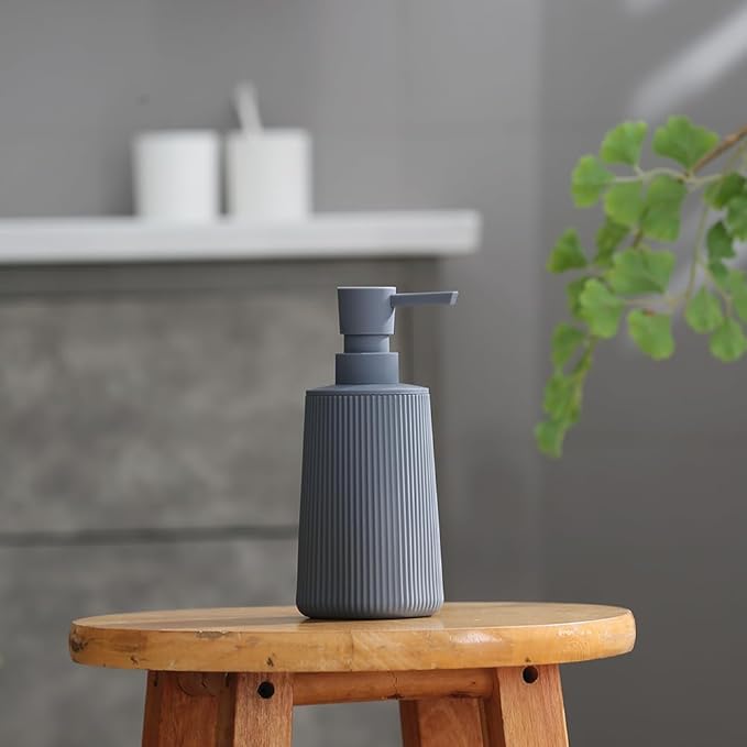 Small Soap Dispenser for Bathroom and Kitchen, Modern Farmhouse Striped Style Plastic Hand Soap Dish Soap Dispenser with Pump Matte Gray - Image 4