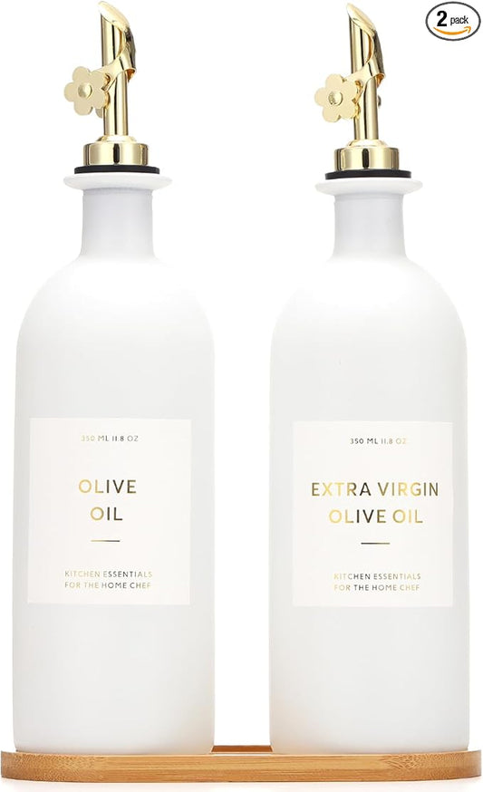 HOMCDALY Olive Oil Dispenser for Kitchen, 16oz Glass Oil Bottles with Bamboo Tray, Gold Oil&Vinegar Cruet Set, Kitchen Dispenser Bottles with Pourer | Set of 2 (16oz – Gold) by HOME