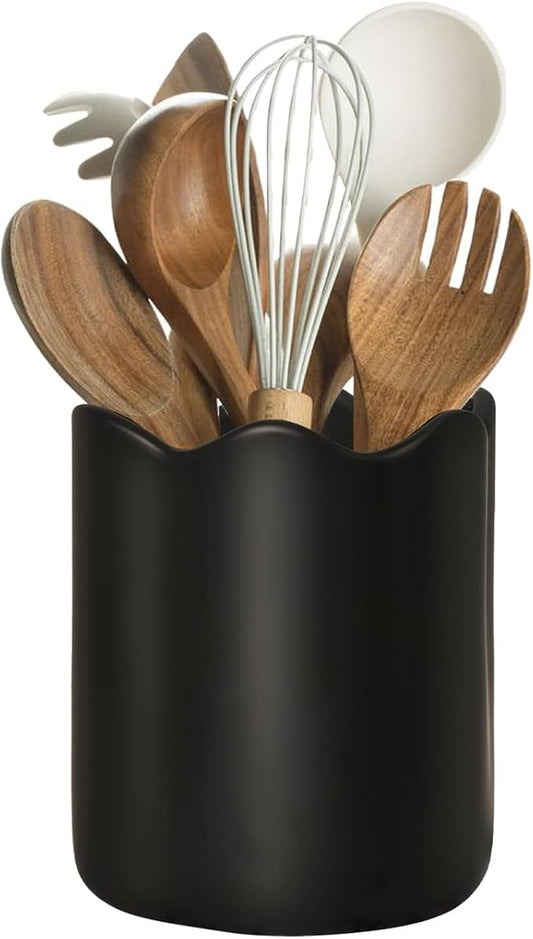 Ceramic Utensil Holder for Kitchen Counter, 6.2" Kitchen Utensil Holder with Cork Bottom for Countertop, Modern Scalloped Cooking Tool Organizer for Spatula, Matte Black by Unknown