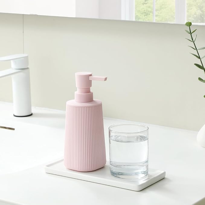Small Soap Dispenser for Bathroom and Kitchen, Modern Farmhouse Striped Style Plastic Hand Soap Dish Soap Dispenser with Pump Matte Pink for Girls - Image 2