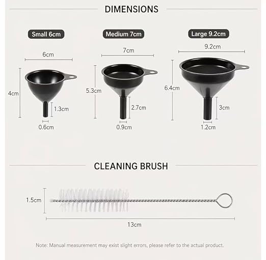 Stainless Steel Funnels Set Kitchen Funnels 3 Piece Set Small Medium Large Black Funnel for Dry Ingredients for Liquids (Black-with Brush) - Image 2