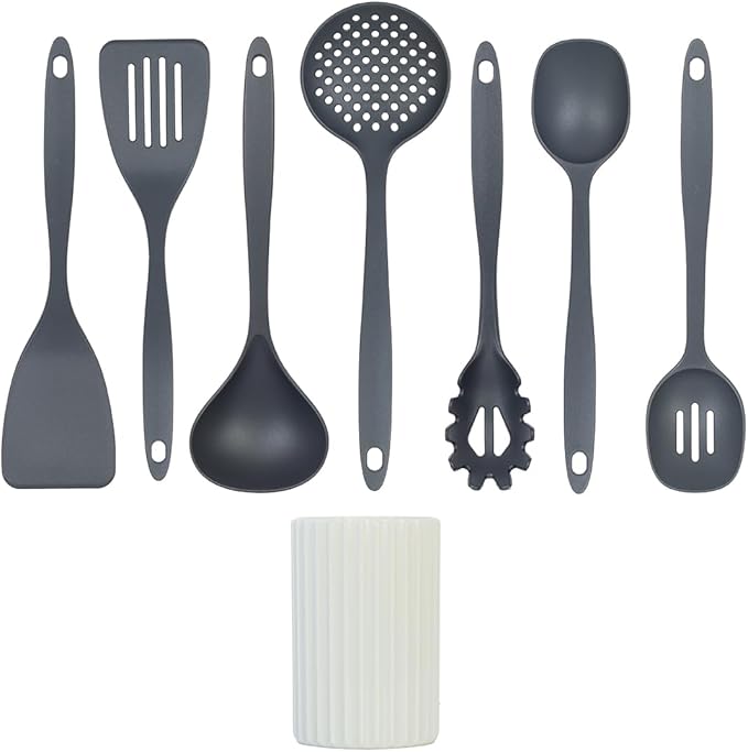 Glad Kitchen Utensils Set, 8pcs - Nonstick Cooking Tools with Utensil Holder - Nylon Spoon, Ladle, Skimmer, Spaghetti Server, and Turner Spatula Set - Dishwasher Safe, Grey - Image 2