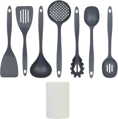 Glad Kitchen Utensils Set, 8pcs - Nonstick Cooking Tools with Utensil Holder - Nylon Spoon, Ladle, Skimmer, Spaghetti Server, and Turner Spatula Set - Dishwasher Safe, Grey - Image 2