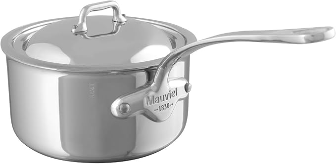 Mauviel M'Cook 5-Ply Polished Stainless Steel Sauce Pan With Lid, And Cast Stainless Steel Handle, 1.8-qt, Made In France