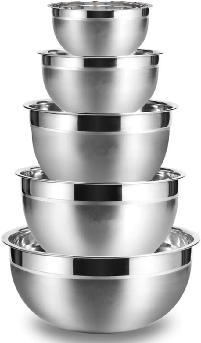Mixing Bowls, 5Pcs Stainless Steel Mixing Bowl Set, Utensils for the Kitchen, Multifunctional, Stackable, Dishwasher Safe, 3.75L / 3.25L / 2.5L / 2L / 1.3L (Without) by YUNYDSM