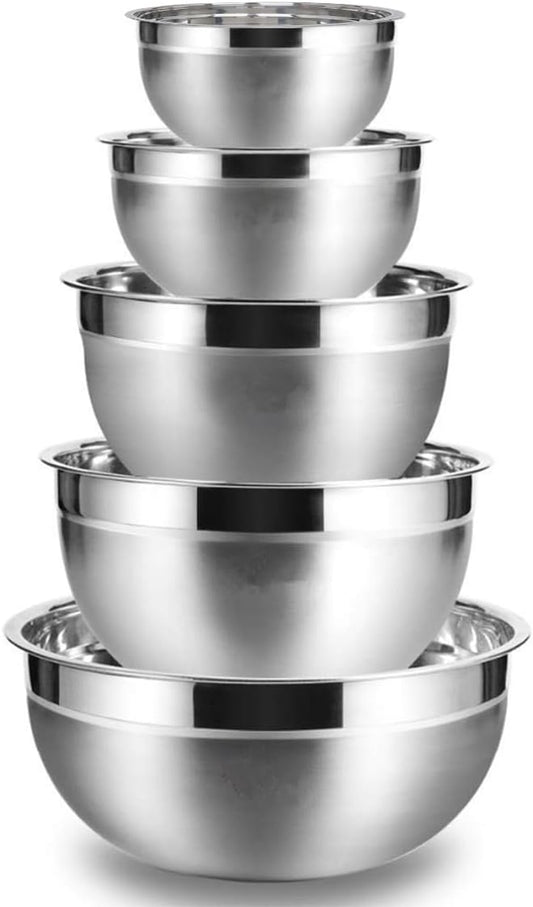 Mixing Bowls, 5Pcs Stainless Steel Mixing Bowl Set, Utensils for the Kitchen, Multifunctional, Stackable, Dishwasher Safe, 3.75L / 3.25L / 2.5L / 2L / 1.3L (Without) by YUNYDSM