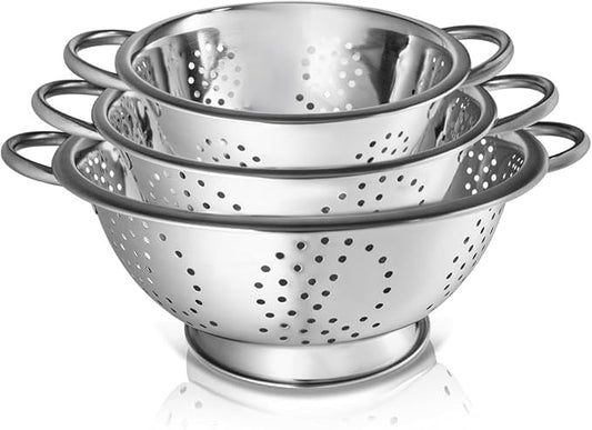 Whysko 3 Pack Stainless Steel Colanders with Handles - 5 Qt, 3 Qt, 1 Qt - Durable Colander for Kitchen Strainers and Colanders Set - Ideal Metal Colander for Pasta, Vegetables, Food Prep by WHYSKO