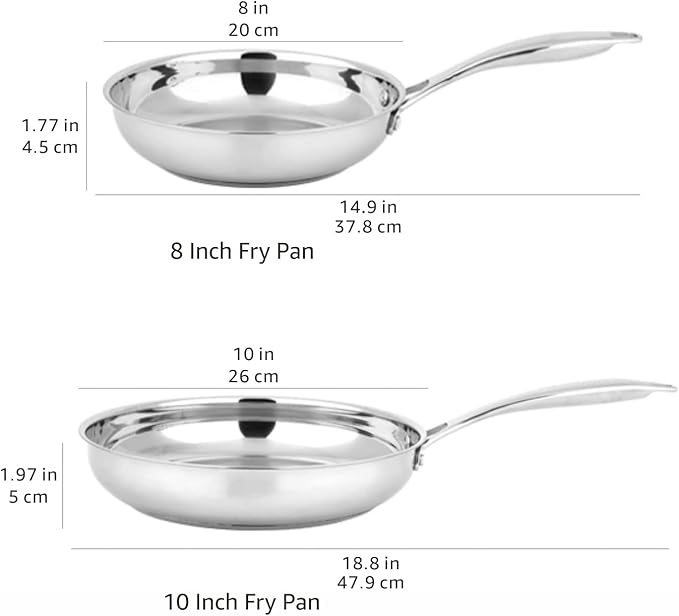 Amazon Basics 2-Piece Stainless Steel Induction Frying Pan Set, Oven Safe, Riveted Handle, Heat Distributes Evenly, 8-inch & 10-inch, Silver - Image 5