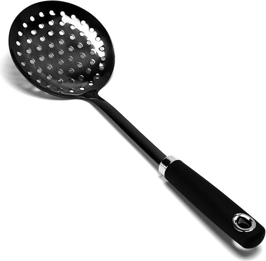 304 Stainless Steel Skimmer Spoon, 14.17" Slotted Strainer Spoon for Frying, Boiling, Pasta, Dumplings and Vegetables, Long Handle Kitchen Cooking Utensil, Dishwasher Safe, Black