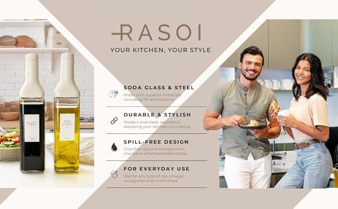Oil Dispenser Bottle – Set of 2 12oz/350ml Oil and Vinegar Dispenser - Drip-Free Spout Glass Oil Dispenser – Kitchen Oil Dispenser with Automatic Pouring Lid - Olive Oil Bottle for Cooking