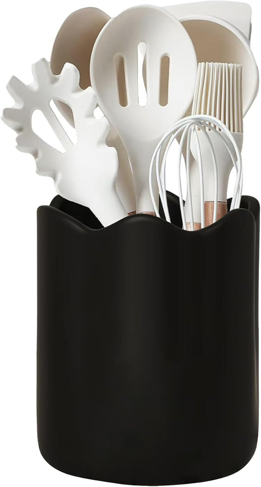 Large Utensil Holder for Kitchen Counter, Ceramic Kitchen Utensil Crock with Protection Cork Mat, Modern Cooking Tools Organizer for Countertop, Black