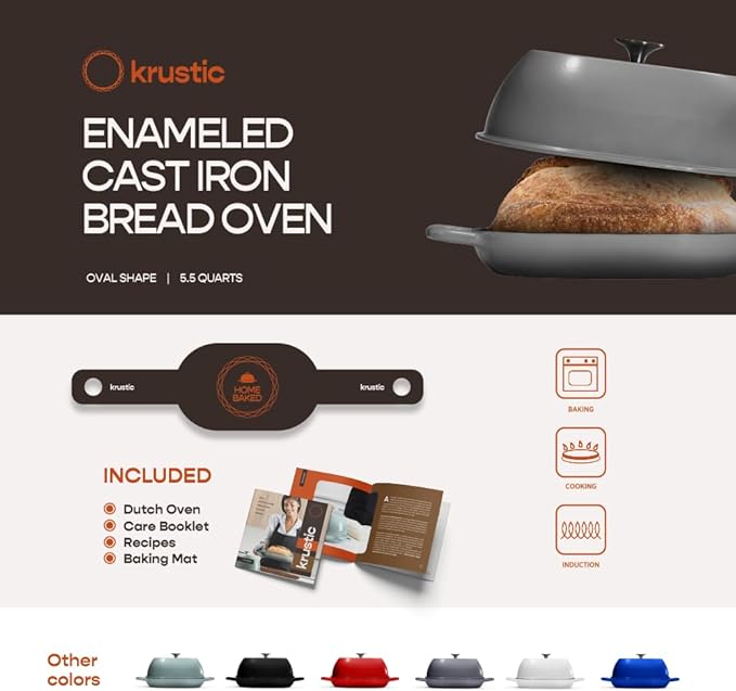 Krustic Enameled Cast Iron Dutch Oven for Professional Sourdough Bread Baking | 5.5 Quart Loaf Size Oval Cookware Pot with Lid | Triple-Layer Enamel Coating Pan with Non Stick Silicone Mat | Gray
