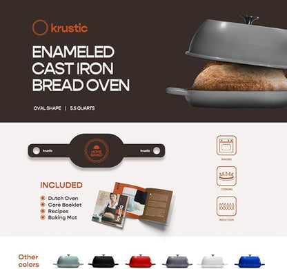 Krustic Enameled Cast Iron Dutch Oven for Professional Sourdough Bread Baking | 5.5 Quart Loaf Size Oval Cookware Pot with Lid | Triple-Layer Enamel Coating Pan with Non Stick Silicone Mat | Gray