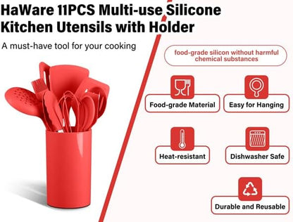 HaWare 11 PCS Silicone Cooking Utensils Set, Heat Resistant Kitchen Utensils with Holder, Food-grade Spatula Sets for Nonstick Cookware, Kitchen Tools Gadgets Include Fish Turner, Spoon (Red) - Image 3