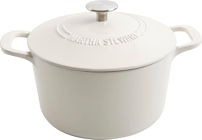 MARTHA STEWART Gatwick 7-Quart Enamel Cast Iron Dutch Oven – Linen Color with Silver Knob – Durable Heavy-Duty Dutch Oven for Slow Cooking and Braising by MarthaStewart