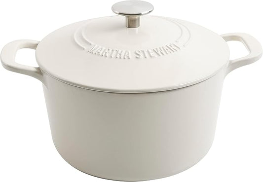 MARTHA STEWART Gatwick 7-Quart Enamel Cast Iron Dutch Oven – Linen Color with Silver Knob – Durable Heavy-Duty Dutch Oven for Slow Cooking and Braising by MarthaStewart