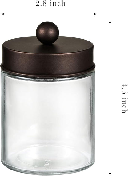 SheeChung Qtip Holder Dispenser for Bathroom Vanity Organizer and Farmhouse Decor - Stylish Glass Apothecary Jar with Stainless Steel Lid and Sticker,Bathroom Countertop Storage Canister(Bronze,3Pack)