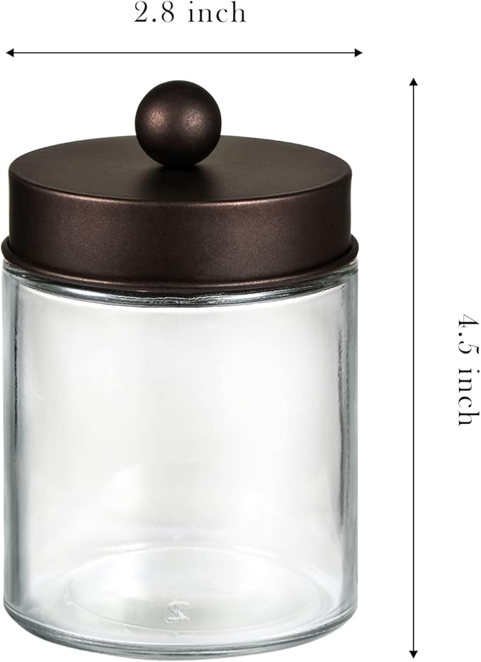 SheeChung 2 Pack Qtip Holder Dispenser - Glass Apothecary Jars with Rust-Proof Stainless Steel Lids - Modern Farmhouse Bathroom Vanity Organizer for Cotton Swabs, Balls, Pad (Bronze,1Pack)